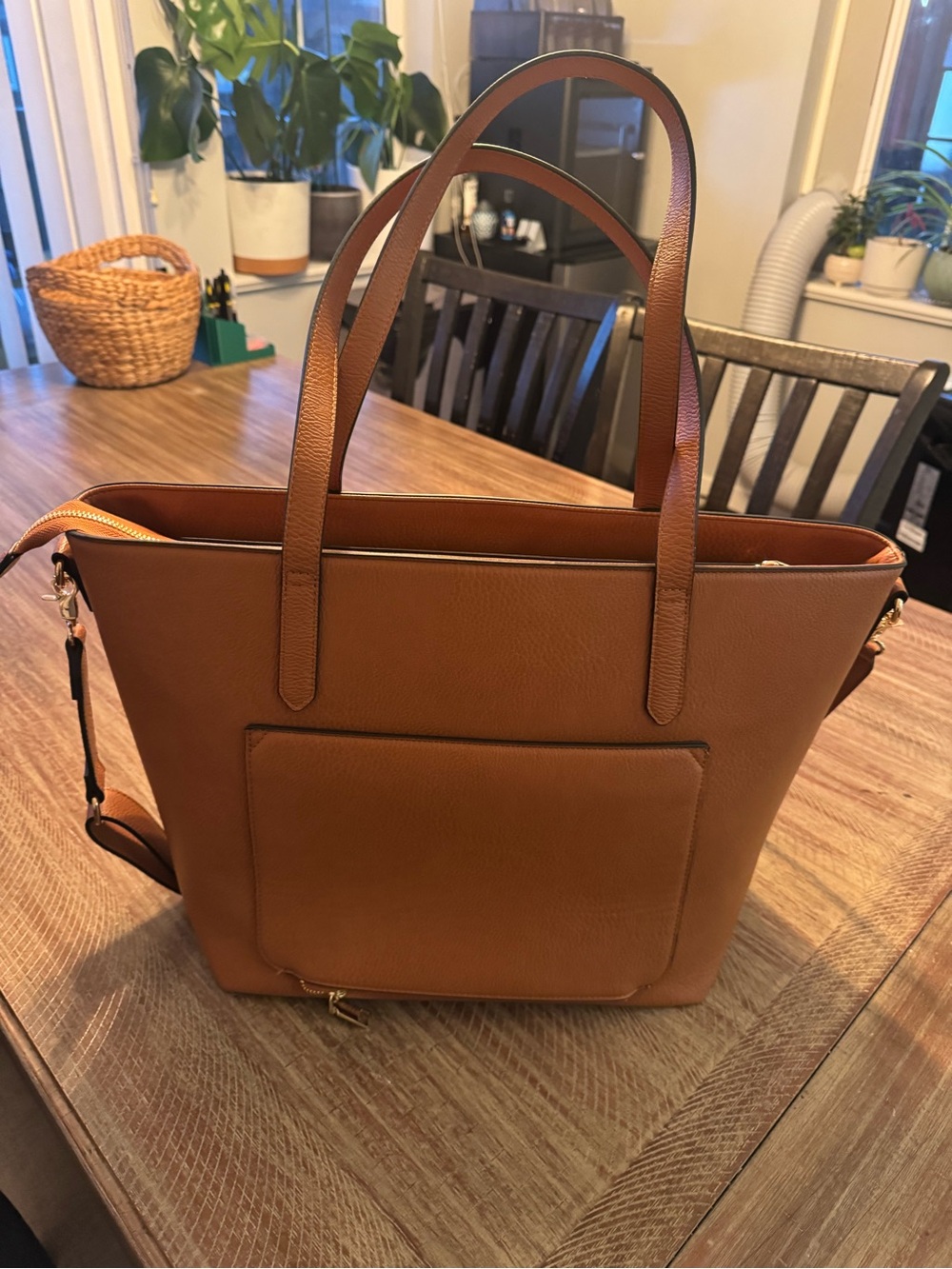 Poppy & Peonies Cognac Brown Go Getter Tote with Detachable Strap - Picture 2 of 4
